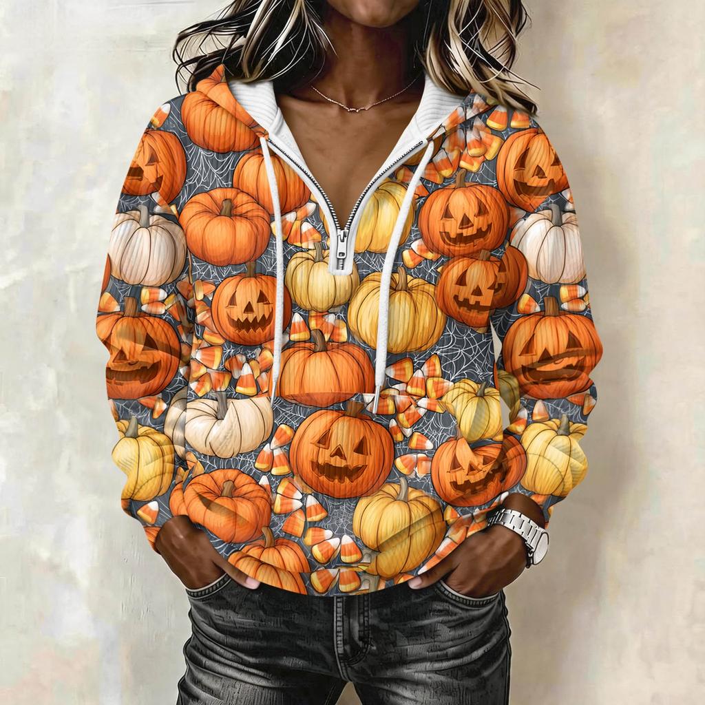 Women's Long Sleeve Halloween Print Pullover Hoodie with Drawstring Hood