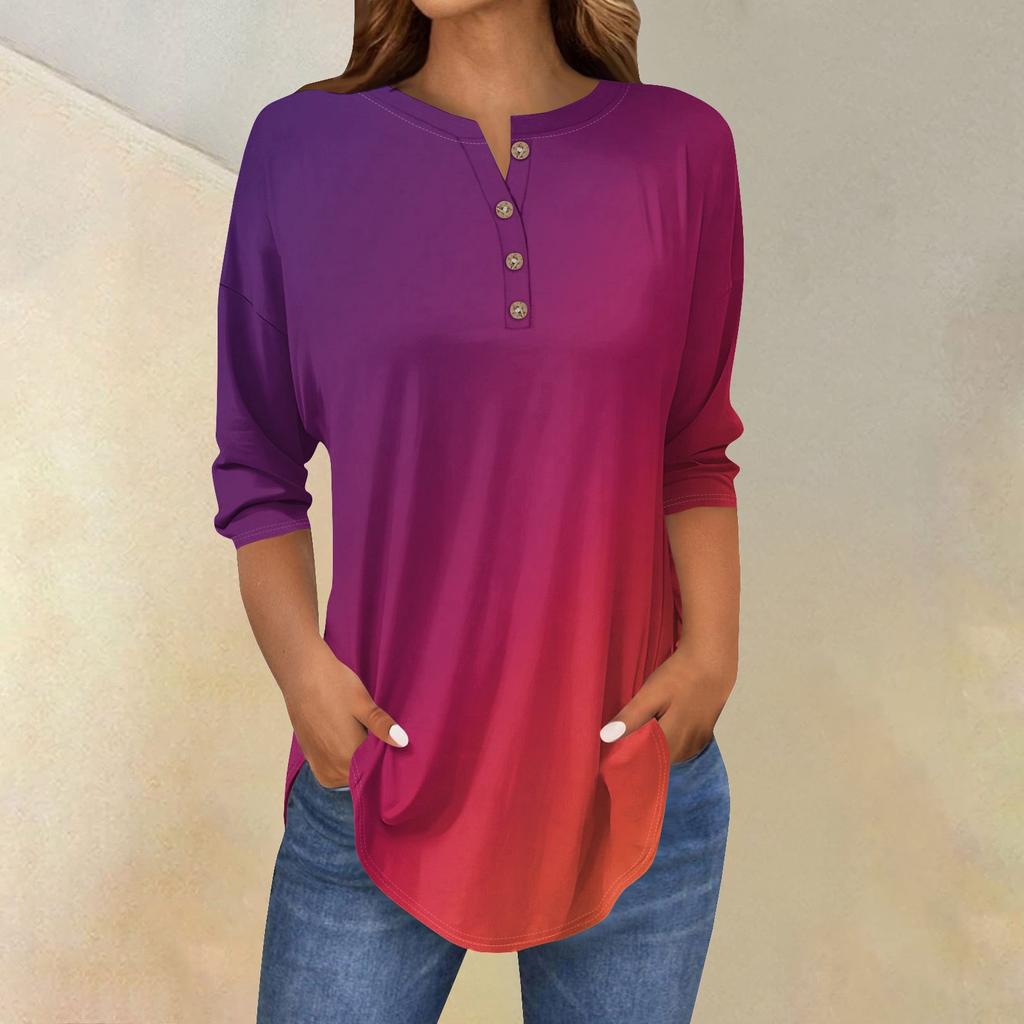 Women's Fashion Casual Three-quarter Sleeve Gradient Printed Round Neck T-shirt Top