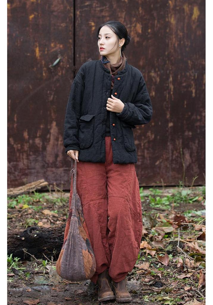 2025 Winter Women's Quilted Ramie Jacket with Frog Button and Stand Collar