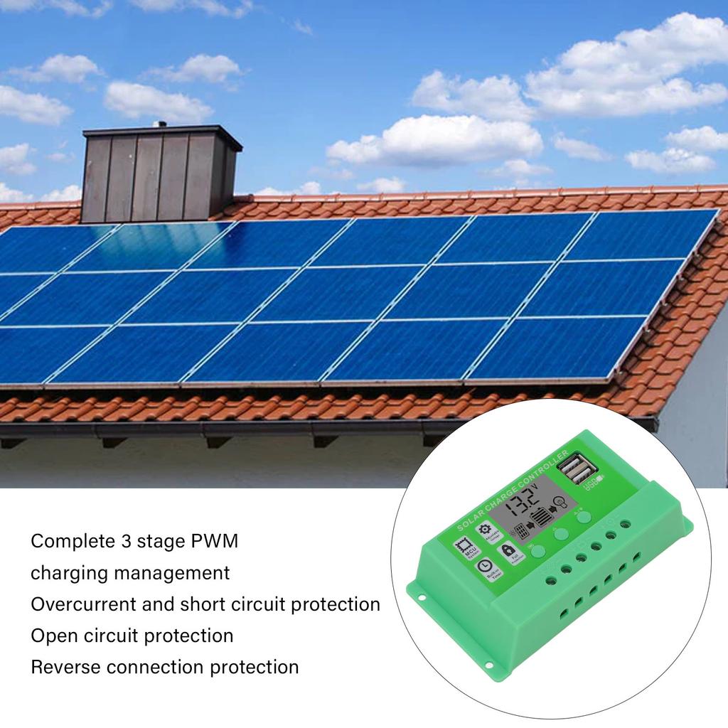 Green PWM Solar Charge Controller LCD Large Screen Display Photovoltaic PV Solar Controller 12V 24V 10A