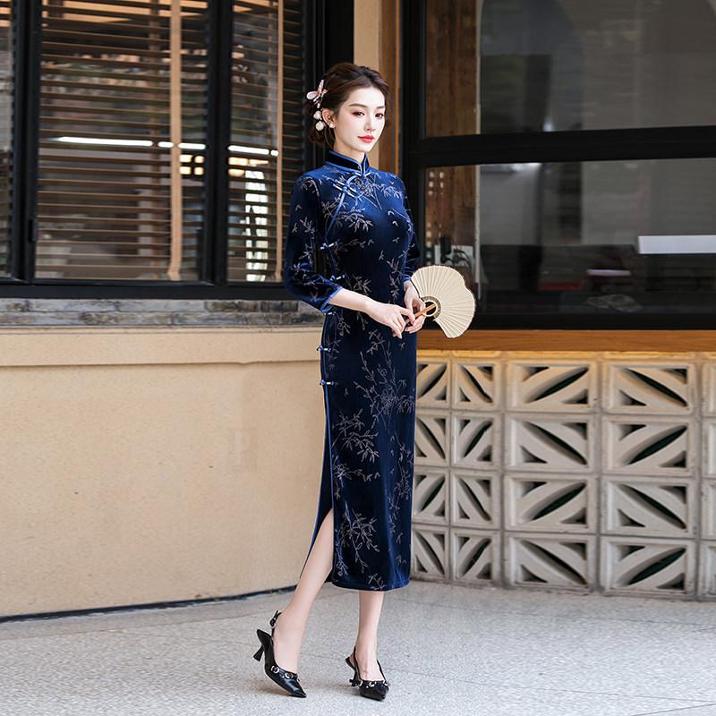 Bronzing blue velvet national style new Chinese Suzhou long-sleeved autumn cheongsam improved young women's high-end sense spring and autumn
