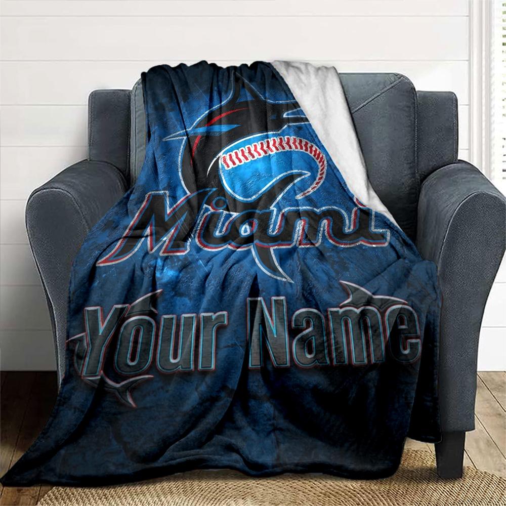 Name Custom Miami Marlins Print Flannel Blanket High Quality Warm Comfortable Cover for All Seasons Perfect for Gifts Home Decor