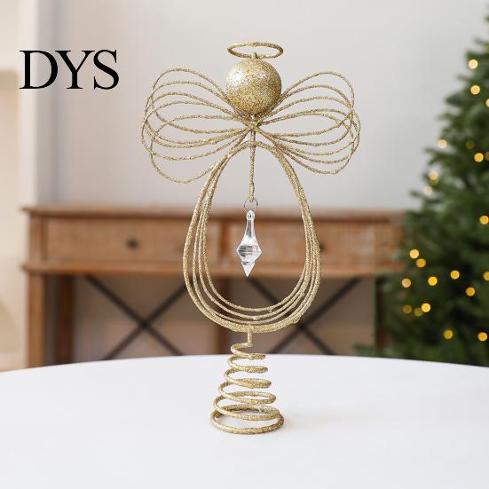 Holiday Seasonal Home Decor Angel Christmas Tree Topper, Gold Glitter Metal Wire Crown Decorative Accents Ornament for And Indoor Decorations