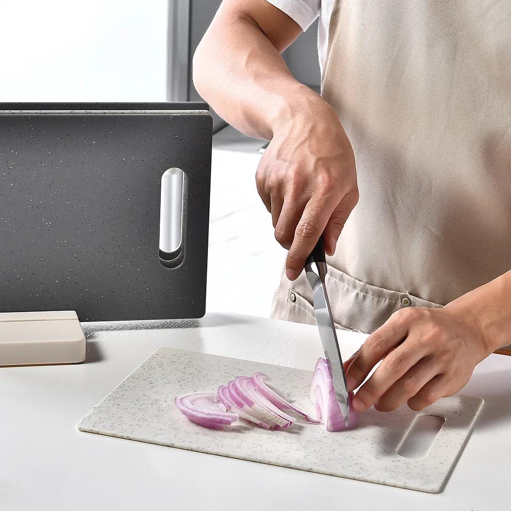 4Pcs Double-Sided Square Chopping Board with Stand Marble-Patterned Classified PP Chopping Boards Kitchen Tools Easy To Clean
