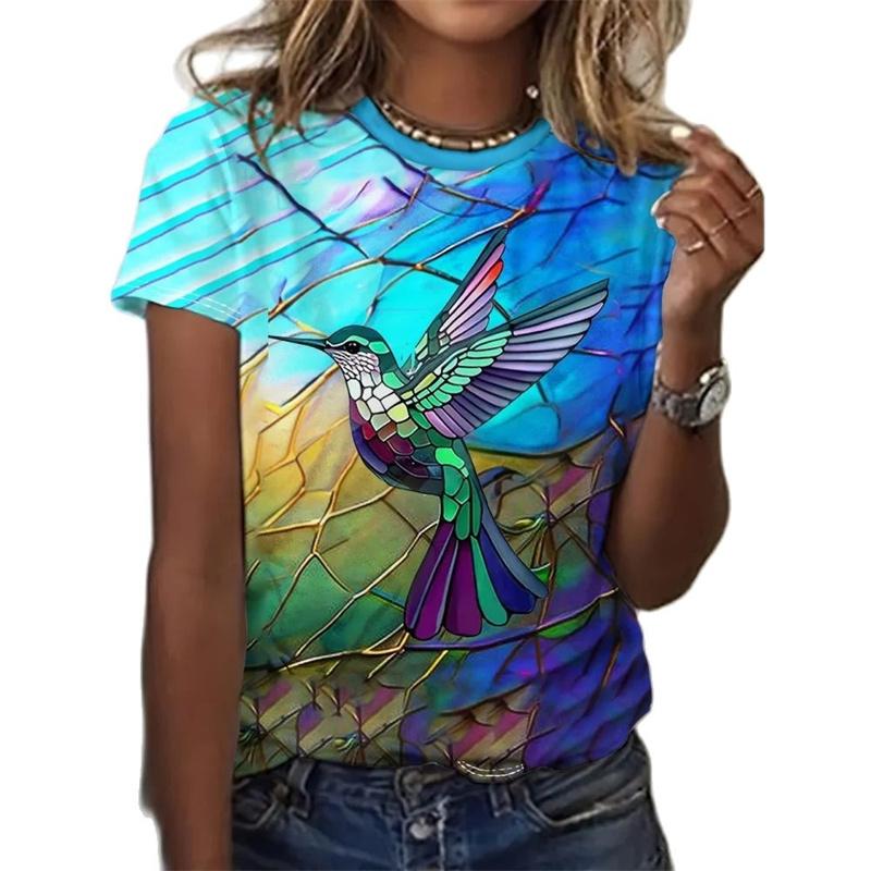 Summer Round Neck 3D Peacock Bird Duck Pattern Printed Top Fashionable Casual Cute Short Sleeved Women's T-shirts