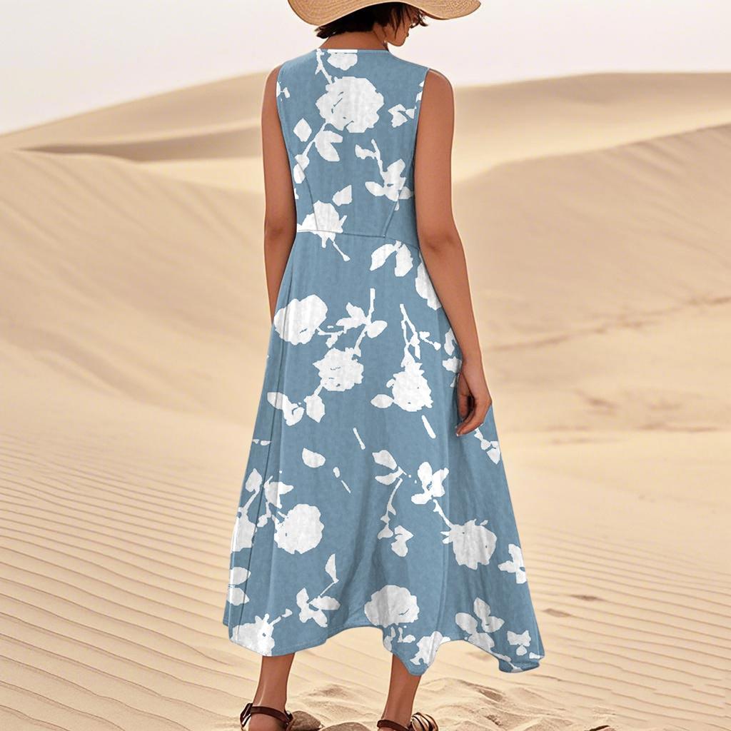 Women's Summer Casual Fashion Flower Printed Sleeveless  Pocket Dress