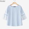 ZANZEA Women Casual Lace Patchwork 3/4 Sleeve Loose Stripe Blouse