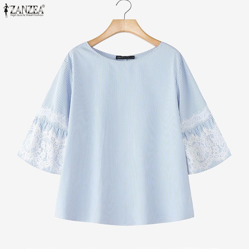 ZANZEA Women Casual Lace Patchwork 3/4 Sleeve Loose Stripe Blouse