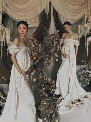 Maternity French White Gown - High-End Retro Oil Painting Style for Photography