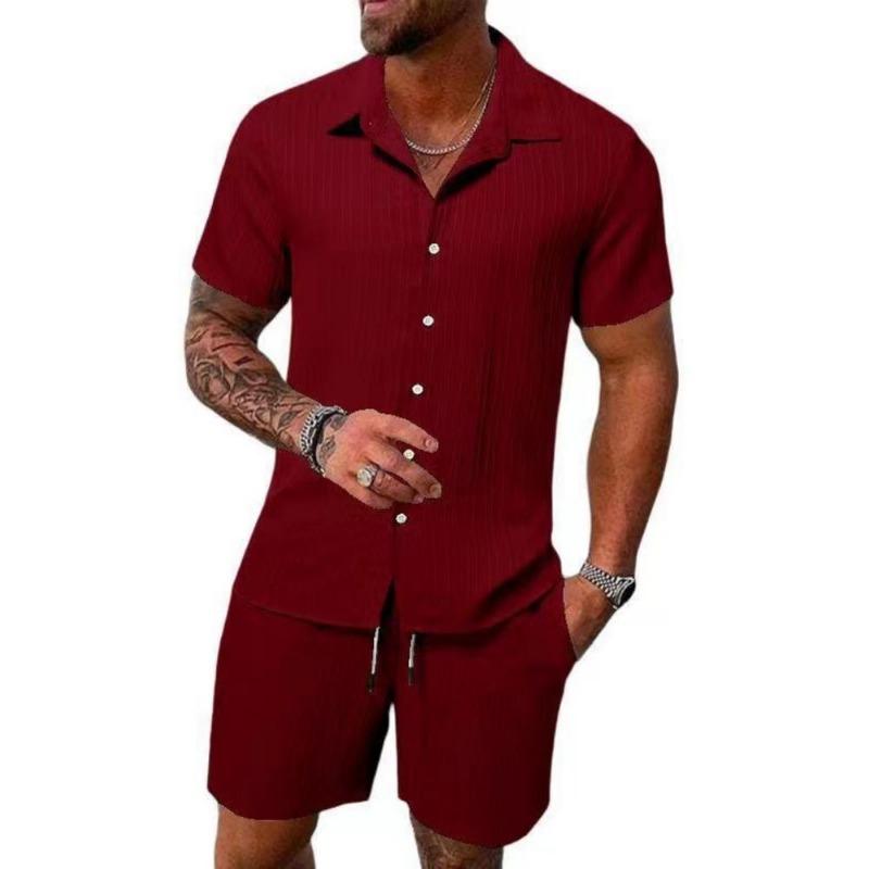 Summer Men's Solid Color Comfortable Casual Shirt Short Sleeved Beach Pants Set