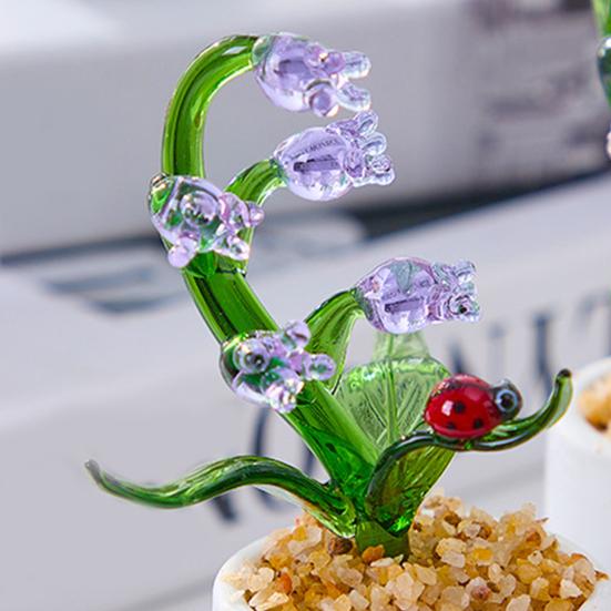 Hand Blown Mini Glass Flower Figurine Faux Crystal Small Lily of The Valley Flower with Pot for Wedding Mother's Day Office Home Table Centerpiece