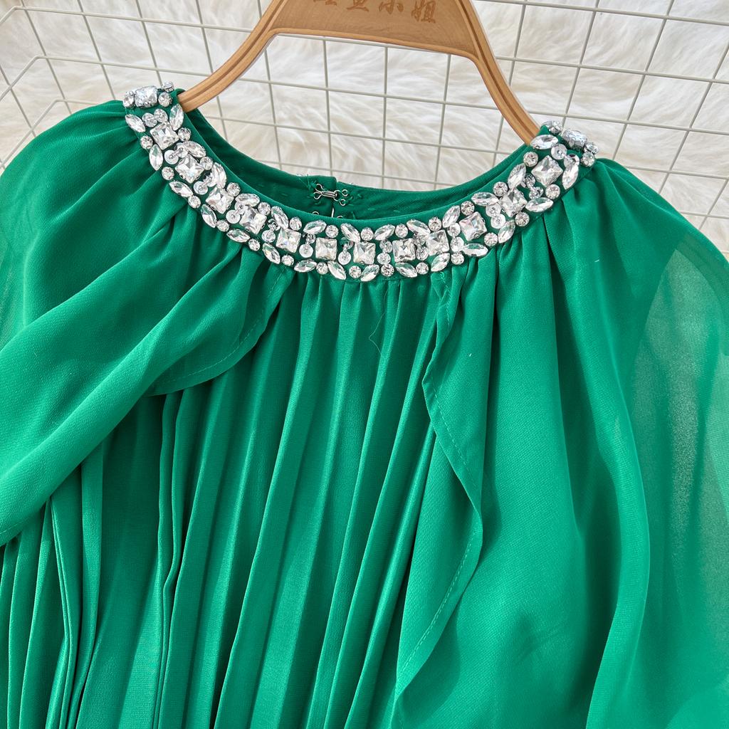 Elegante vestido largo plisado de gasa con cuello redondo, cordones y mangas estilo capa vintage para mujer, ropa de calle de moda