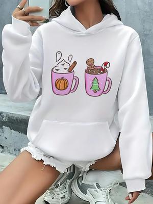 Women's Hoodie Cute Two Cups of Christmas Drinks Printed 2025 Autumn/winter Hoodie Long Sleeved Women's Top Casual Clothing