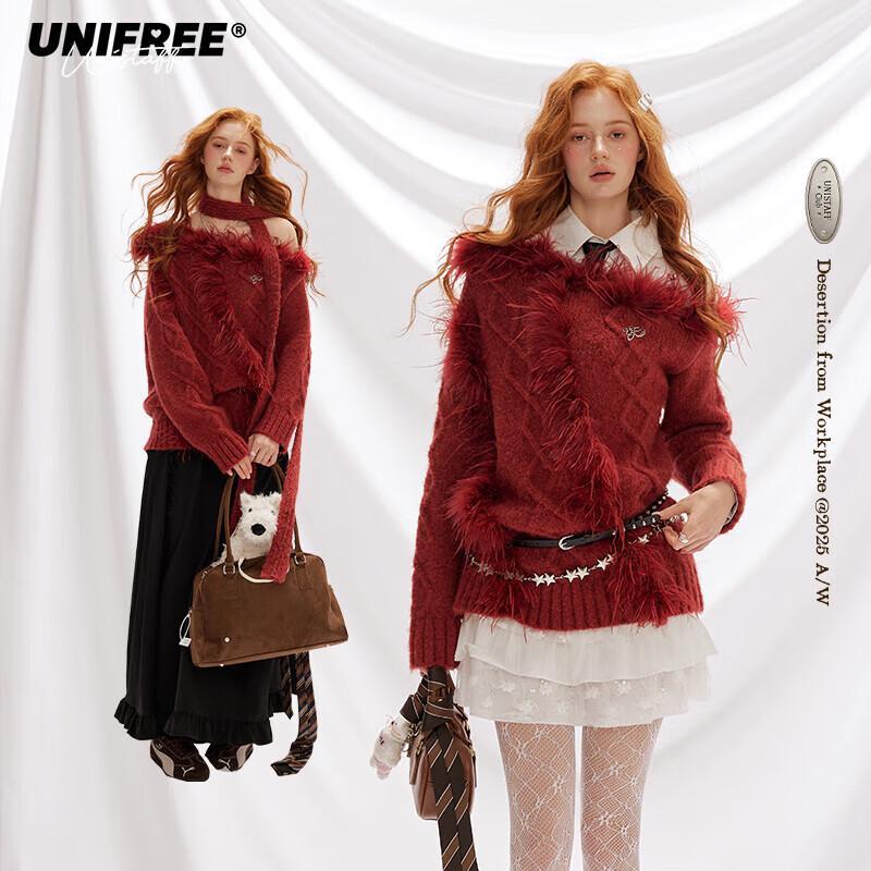 UNIFREE Women s Off-Shoulder Fluffy Cable Knit Sweater L