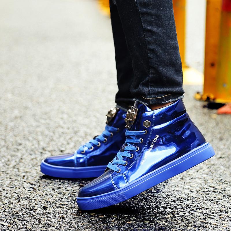 Luxury Blue High Top Sneakers Men Skateboard Shoes Big Size 47 Patent Leather Man Sneakers Platform Non-Slip Men's Casual Shoes