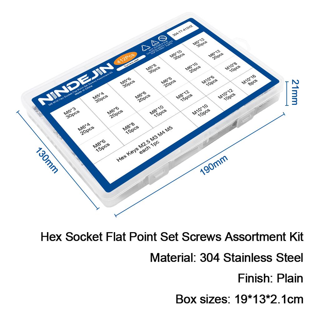 NINDEJIN Flat Point Set Screw Assorment Kit Stainless Steel M2-M10 Hexagon Socket Headless Set Grub Screw Kit with Hex Key
