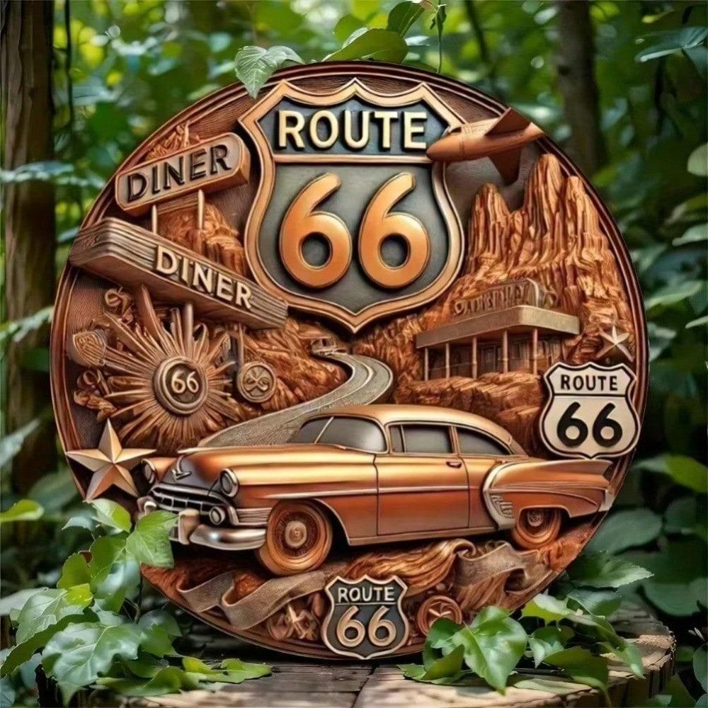 2D Route 66 Metal Sign, Vintage Tin Plaque for Bar Cafe Garage, Retro Wall Art Decor