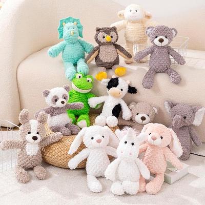 Plüschtiere, darunter Hasen, Bären, Hunde, Dinosaurier, Frösche, Elefanten, Einhörner, Pandas, Eulen und Schafe, sind tolle Geburtstagsgeschenke, erste Spielzeuge und