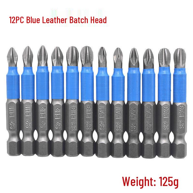 Blue Leather Case 12-Piece Cross-Head Anti-Slip Bit Set, S2 Material, 50mm Screwdriver Blades