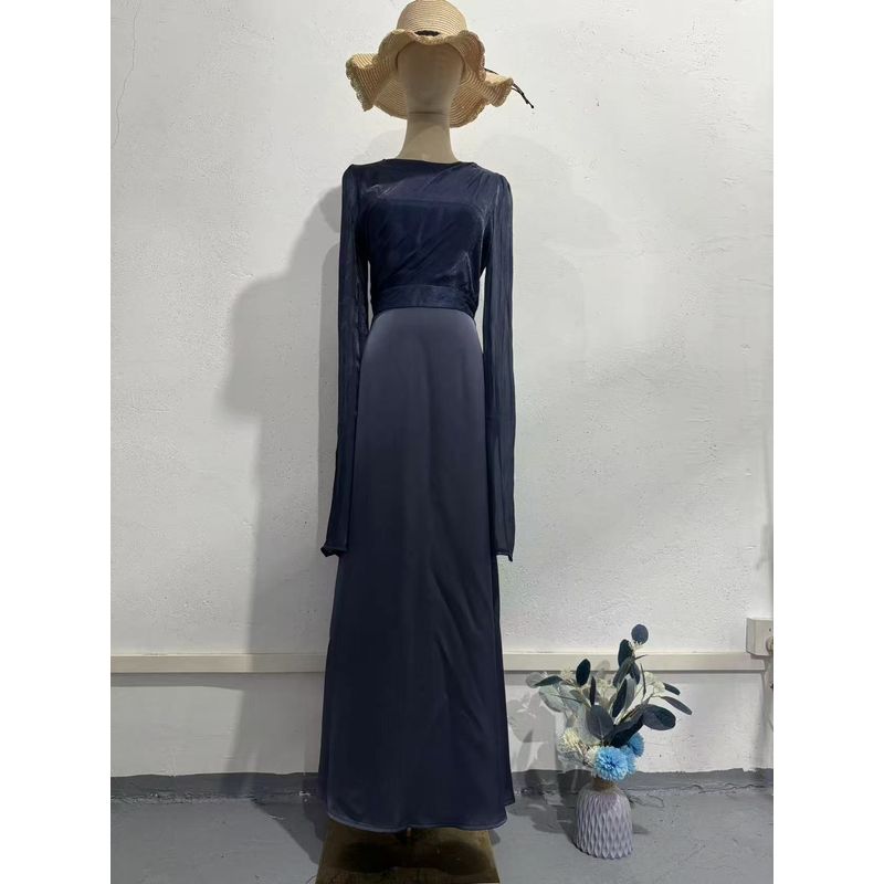 

Платье из сатина в стиле пэчворк в западном стиле с большим подолом и рукавами-фонариками Purple and blue L