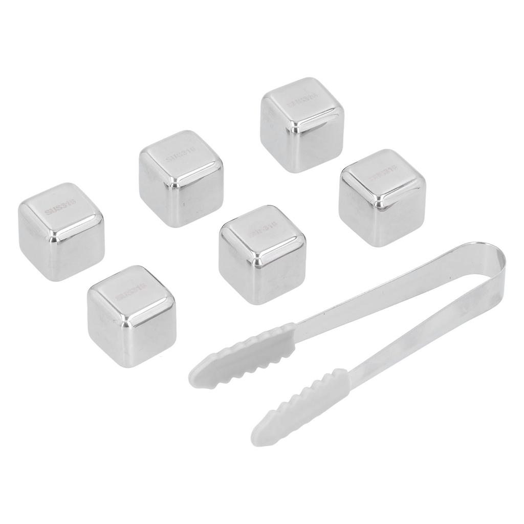 6Pcs Stainless Steel Ice Cubes Reusable Whiskey Wine Beer Beverages Ice Stone with Clamp