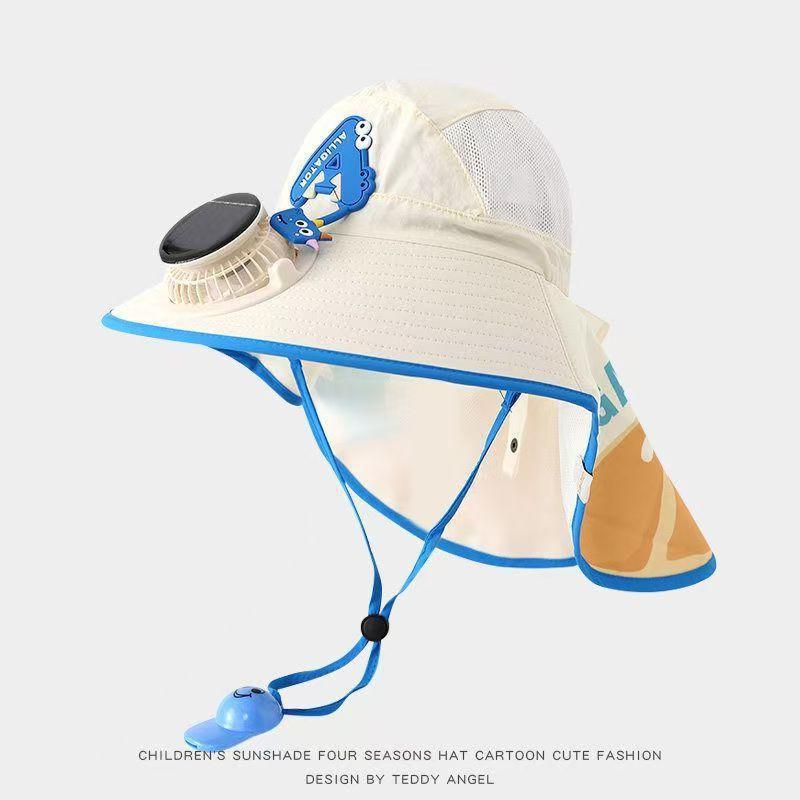 Kids Wide Brim Sun Hat Solar Rechargeable Fan Neck Flap Uv Protection For Summer Beach Activities