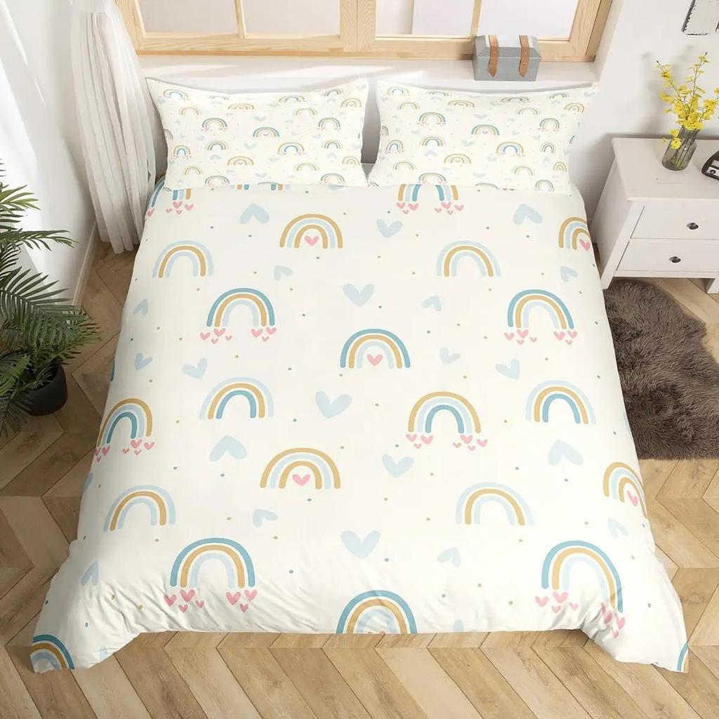 Rainbow Duvet Cover Girly Pink Cartoon Bedding Set Kids Girls Cute Clouds Crown Comforter Cover Kawaii Glitter Stars Quilt Cover