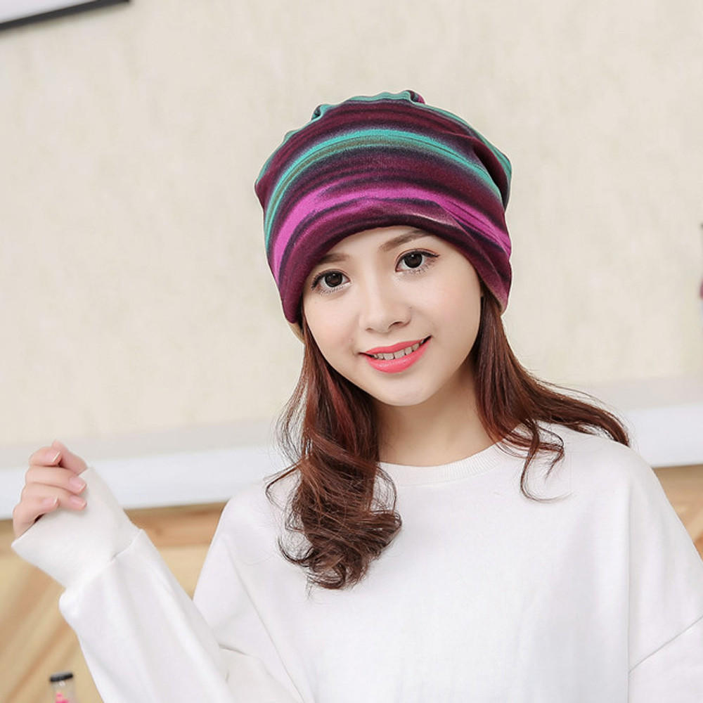 Women Stripe Hat Ruffle  Hat  Scarf  Collar Turban Head Wrap Cap
