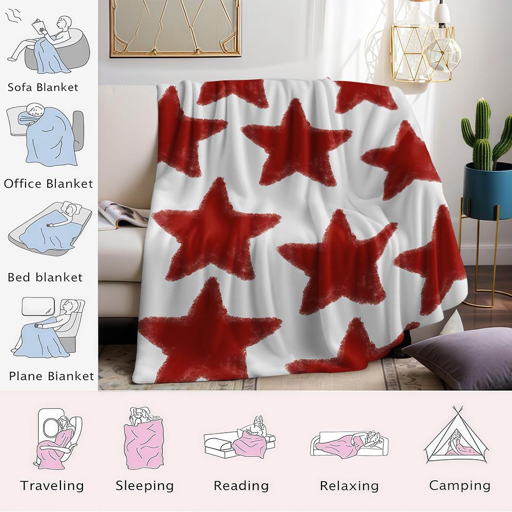 Warm Red Star Pattern Flannel Blanket Warm Soft Halloween Christmas Couch Warm Cozy Decorative Decor Gift for All Season