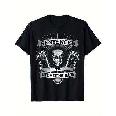 Europäische Größen Verurteilt zu Lebenslänglich hinter Gittern Biker Totenkopf Aufhänger Motorrad T-Shirt Schwarz, Geschenk für Männer Papa Freunde, Lässiges Rundhals Kurzarm T-Shirt,