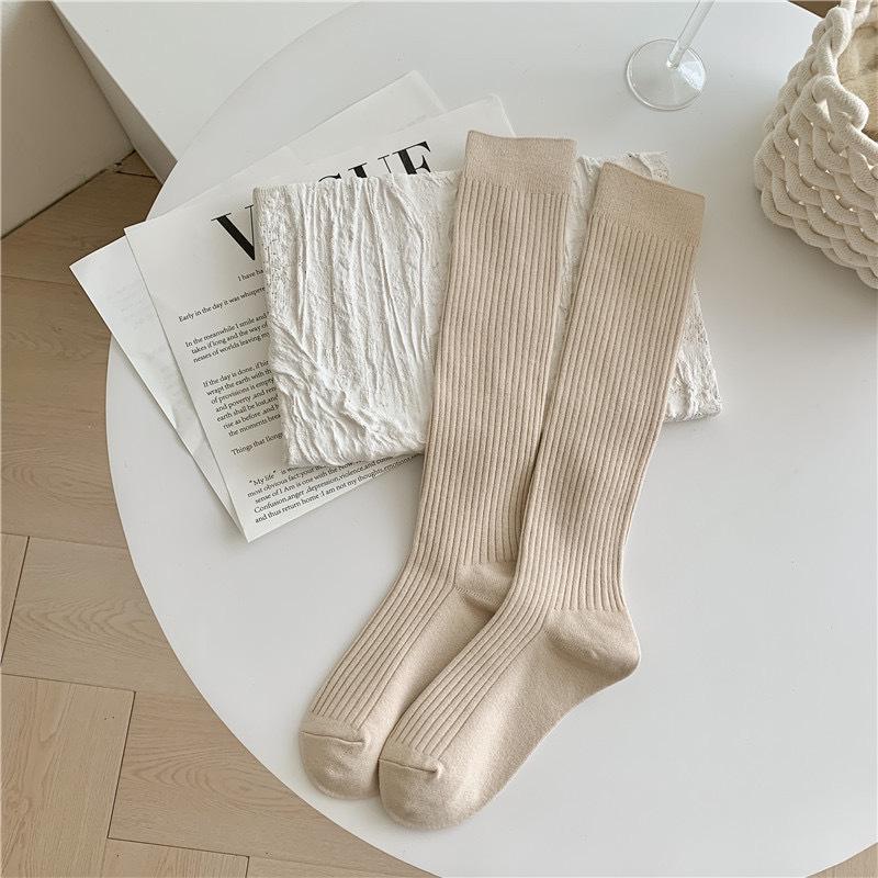 Damen Woll-Wadensocken - Japanisch Retro Gestreift, Uni, Langer Schaft für Herbst/Winter