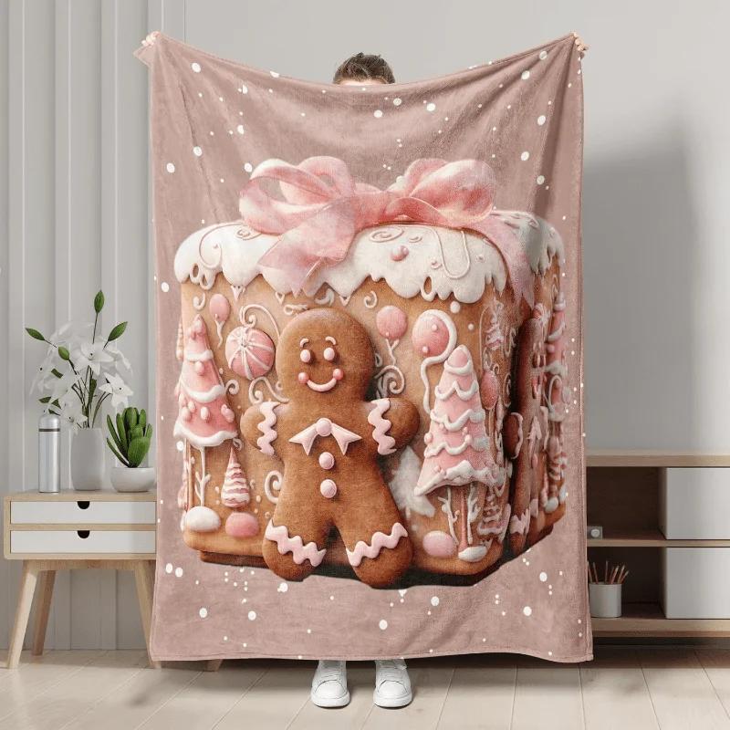 1pc Red Pink Christmas Blanket Gingerbread Man Santa Claus Print Skin-Friendly Blanket New for Home Christmas Decoration