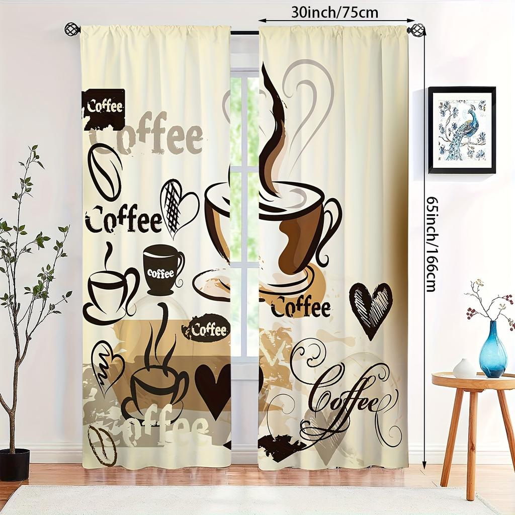 2Pcs Polyester Coffee Themed Printing Window Curtains Birthday Party Decoration Backdrop Drapes for Living Room