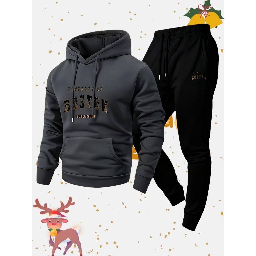 Spring and Autumn Warm Men's Hoodie Set Sports and Leisure Two Piece Set Boston Printed Hoodie and Casual Pants Combination