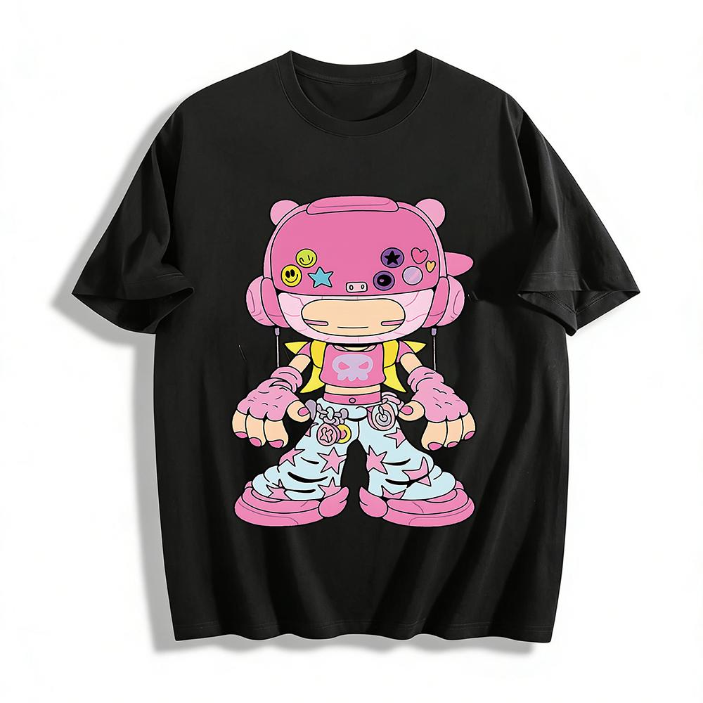 Y2K Style Pink Cartoon Bear Girl Print Top Trendy Harajuku Streetwear Casual Tee For Teens Pure cotton T-shirt XXS