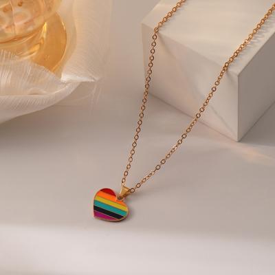 Yousheng Damen Halskette Glatter Herz Gestreifter Regenbogen Anhänger Verstellbare Länge Edelstahllegierung Choker Halskette Halsdekoration Schmuck Geburtstagsgeschenk