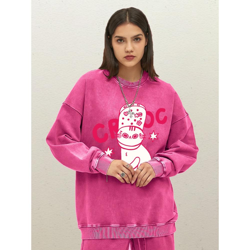 Interesting Slippers Cartoon Cat Pattern Washed Pullovers Women Casual Cotton Sweatshirt Sportswear Loose Couple Clothes