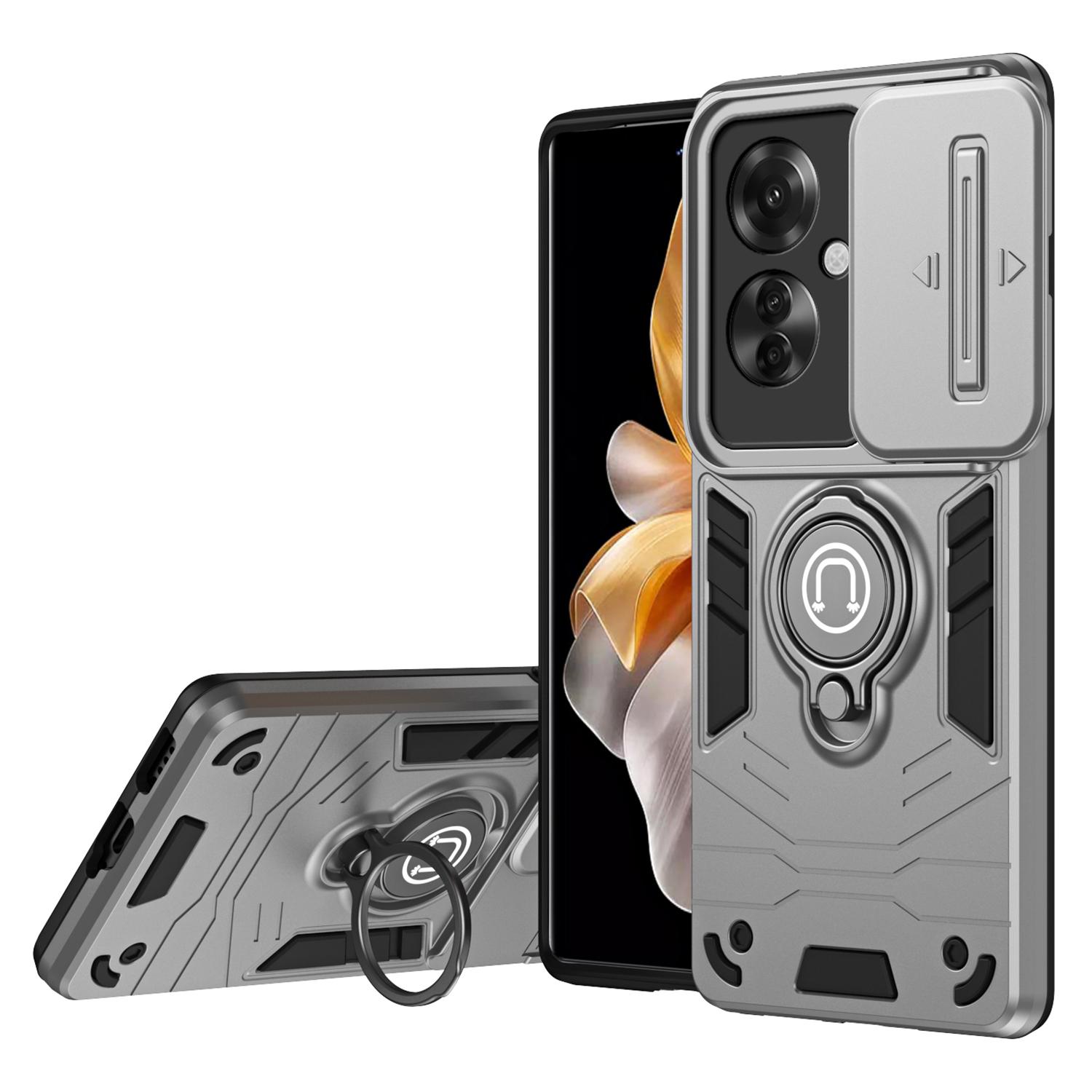 

Ring Holder Kickstand Phone Shell for Oppo Reno11 F 5G/F25 Pro 5G Case Slide Lens Lid Phone Cover Grey