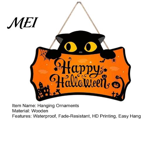 Autumn Festival Wall Ornaments Halloween Wooden Door Hanging Plaque, Printed Black Cat Pumpkin Castle Spider Web Front Cute Party Supplies Sign,