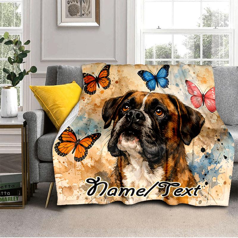 1PC Custom Name Butterfly Boxer Dog Art flannel blanket versatile,all-season throw suitable for the living room,bedroom,camping,travel,and gift