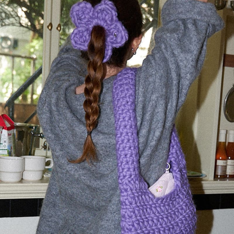 Slowslowly Wool 100% Handmade Crochet Dasy Big Flower Hair Scrunchie _ Purple