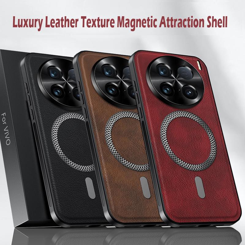 Luxury PU Leather Phone Case For Vivo X100 Ultra X100 Pro X100s Pro Magsafe Magnetic Metal Ring Lens Protection Shockproof Cover