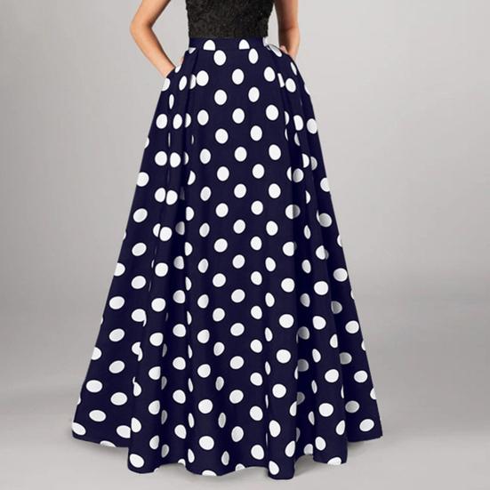 Women Maxi Skirt High Waist Color Matching Dot Print Retro A-line Big Hem Side Pockets Loose Full Length Soft Elastic Waist Lady Prom Party Long Skirt