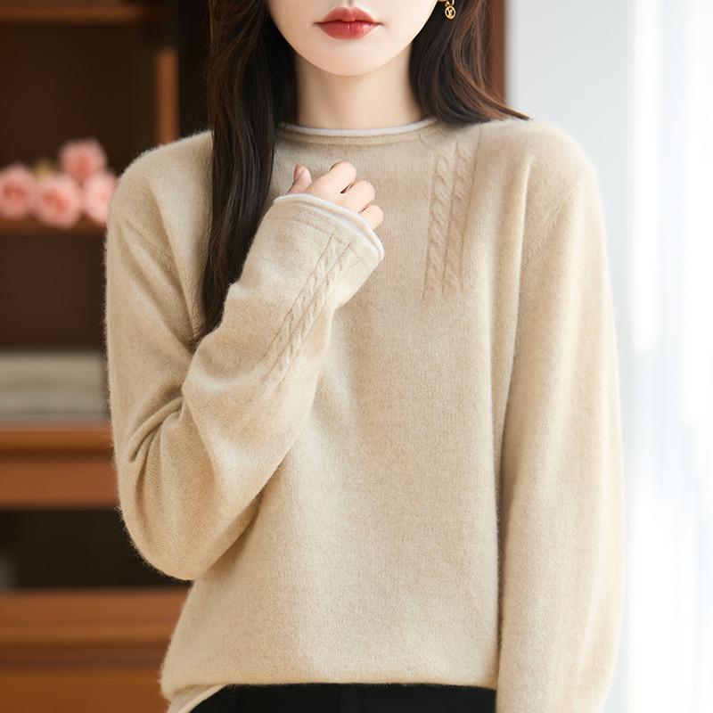 Autumn/Winter Pure Wool Cable Knit Double Round Neck Rolled Hem Long Sleeve Color Block Loose Pullover