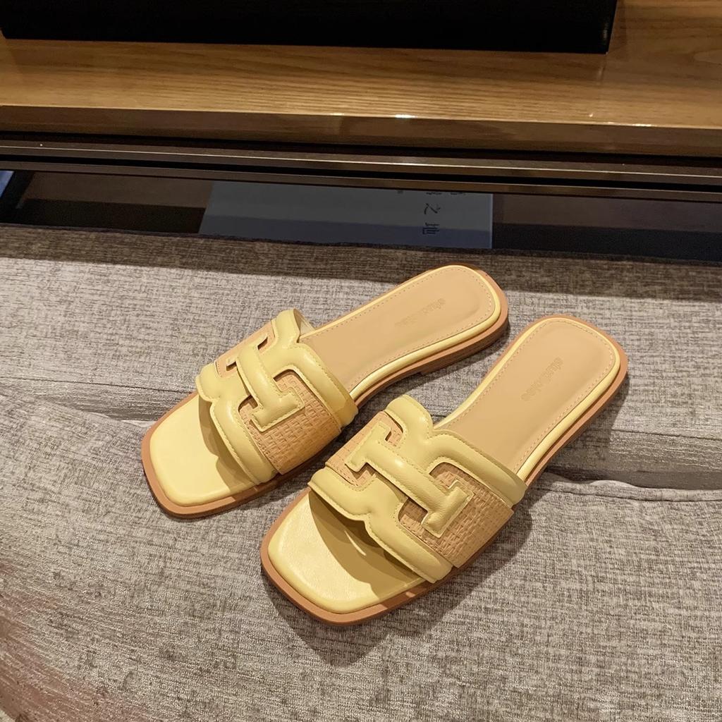 Sheepskin holiday style square head straw splicing versatile contrasting sandals women's summer outer slippers