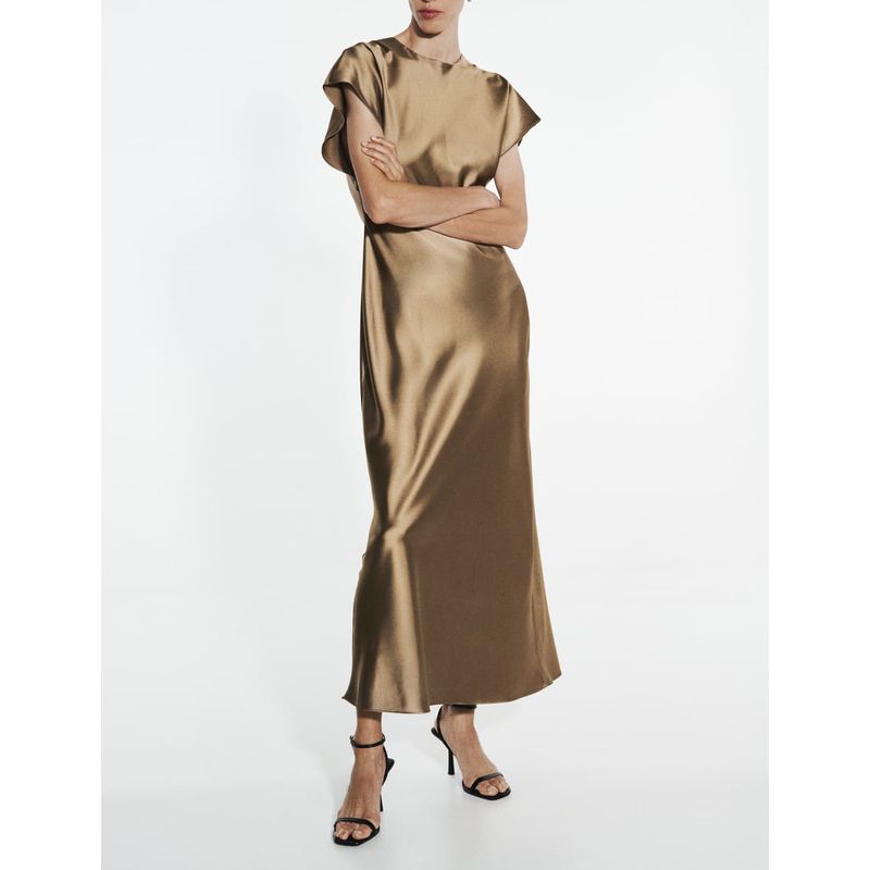New Arrival Fancy Silk Satin Midi Skirt Dress Short Sleeve