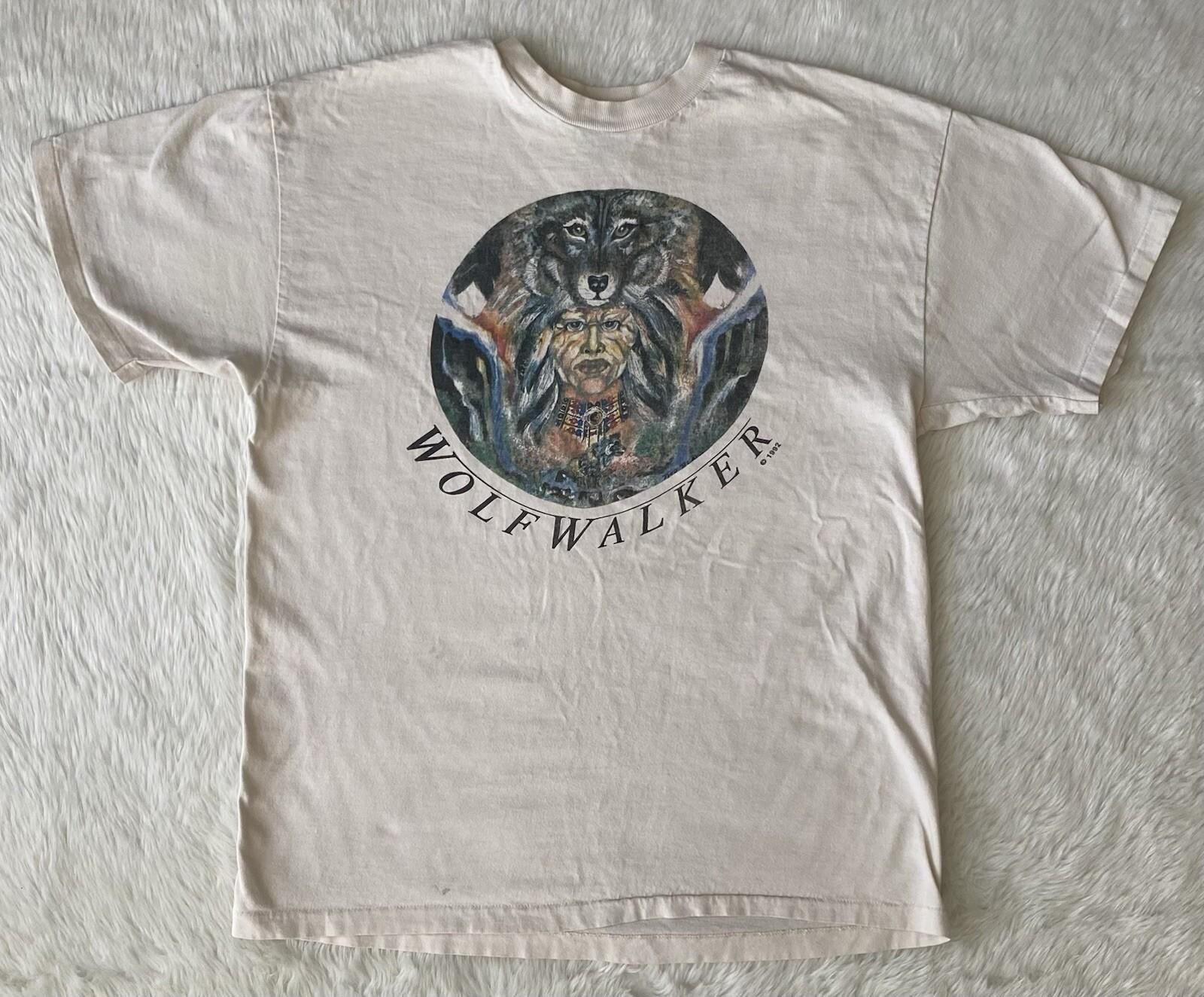 VTG 1992 Native American Wolf Walker T-shirt Sz L Single Stitch 90 S