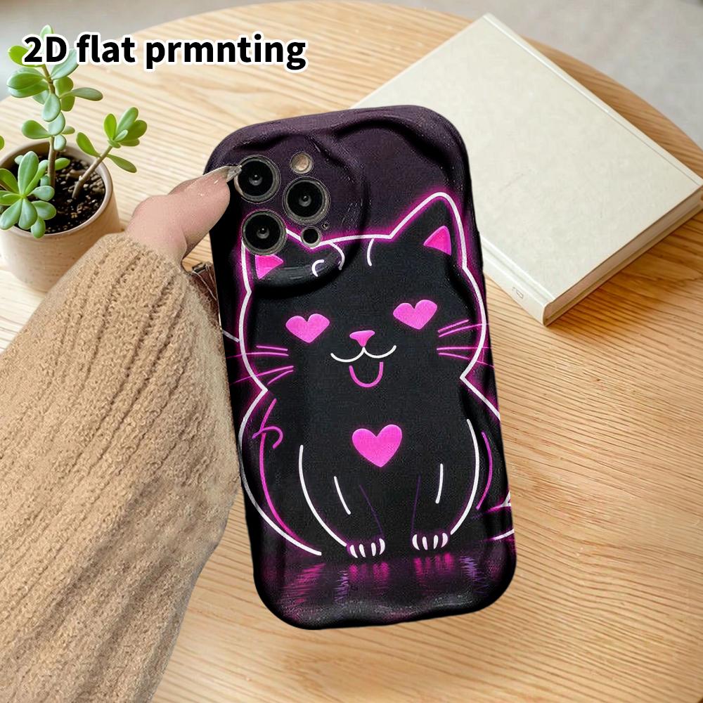 Phone Case: 2D Flat Design Suitable for iPhone 18, 17, 16, 15, 14, 13 Pro Film Protective Case, Couple Style, Line Art Black Cat, Christmas and Hallow