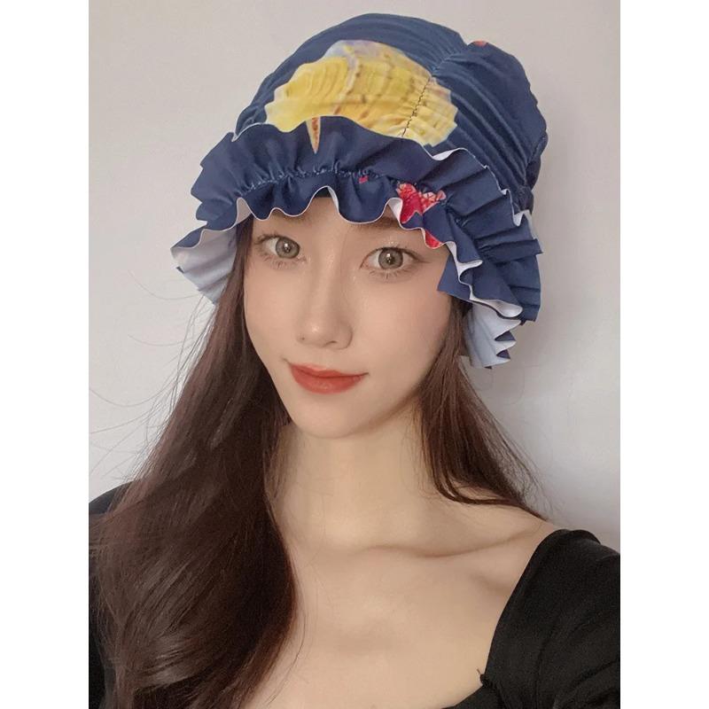 Womens Swim Cap for Long Hair Cute Korean Style Colorful Fabric Design Elegant Beach Photography Hot Spring Swimming Cap