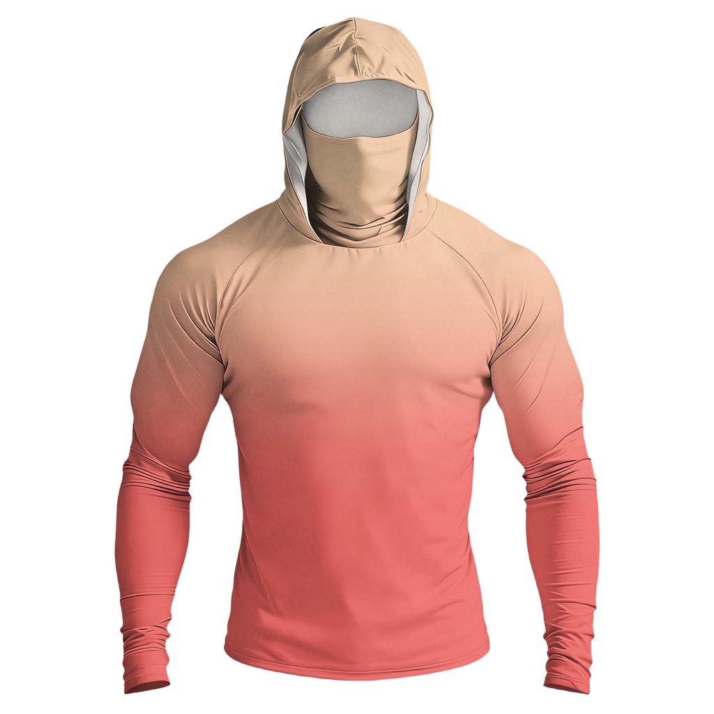Men Raglan Sleeve Gradient Hooded Long Sleeve Sun Shirt Lightweight Pullover with Thumb Holes for Outdoor Activities